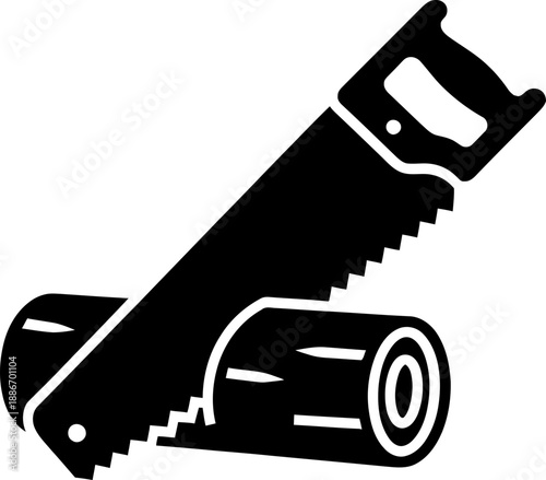 Hand saw cutting a wood log. Woodworking tool icon for lumberjack or construction business. Vector illustration in flat black style for app