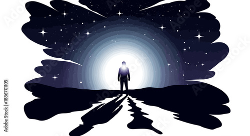 Silhouette of a person standing at the end of a tunnel with stars and cosmic light ahead