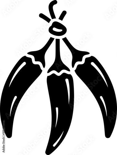 Three chili pepper icon tied together in a bunch. Spicy food condiment and cooking ingredient concept. Black simple symbol. Vector illustration for menu, packaging, logo, label