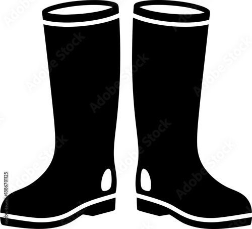 Pair of black rubber rain boots for wet weather protection and gardening. Simple flat style vector illustration icon