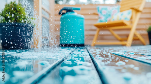 Detailed low angle shot of turquoise wood deck planks being professionally cleaned with splashing water and suds next to large blue sprayer bottle and blurred patio furniture.