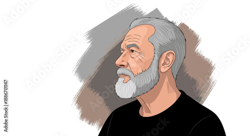 Illustration of an elderly man with gray hair and beard, looking to the side