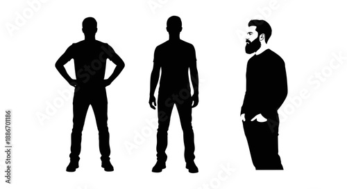 Three Diverse Men Silhouettes in Different Poses, Modern and Stylish Design