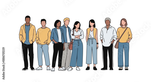 Diverse group of stylish men and women standing together, modern illustration style