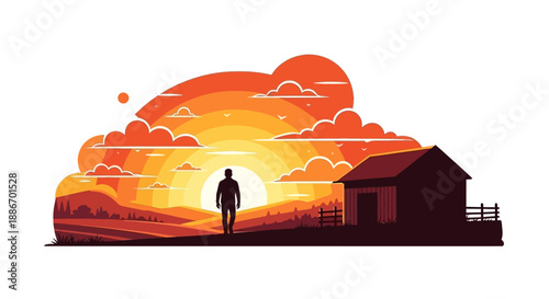 Silhouette of a lone man walking towards a vibrant sunset over rolling hills