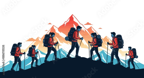 Diverse Group of Hikers Trekking Up a Mountain with Backpacks and Poles