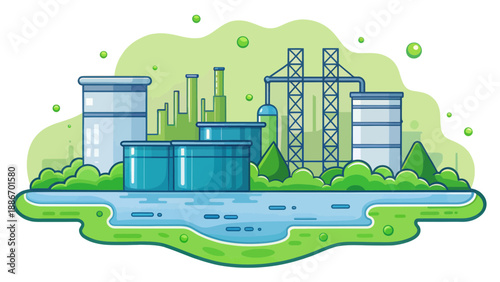 Industrial Factory and River with Storage Tanks