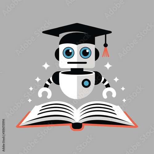A charming illustration depicts a robotic graduate with a mortarboard floating above an open book symbolizing education and artificial intelligence
