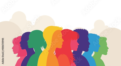 Diverse Group of Silhouetted People in Rainbow Colors Standing Together in Profile