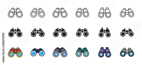 Binoculars icon set. Optical observation device symbol. Vision and magnification illustration for search, surveillance, exploration, monitoring or viewing concepts.