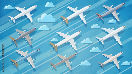 Multiple Airplanes Flying in a Cloudy Blue Sky