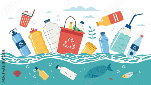 Ocean Plastic Pollution with Recycling Bucket and Fish