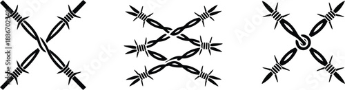 Stylized barbed wire x-shapes and intertwined patterns on a clean white canvas