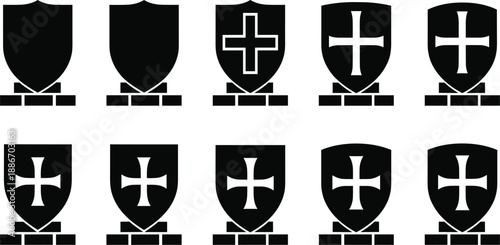 The image is a black and white illustration presenting a series of ten heraldic shields in two rows.
