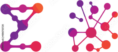 Colorful molecular network icons with connected nodes and gradient chemistry structure symbols for science, biotech, and data visualization