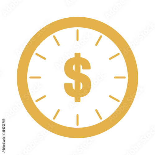 Yellow dollar sign with clock face around, time management and finance concept, money tracking illustration, business efficiency, deadline planning, vector icon on white