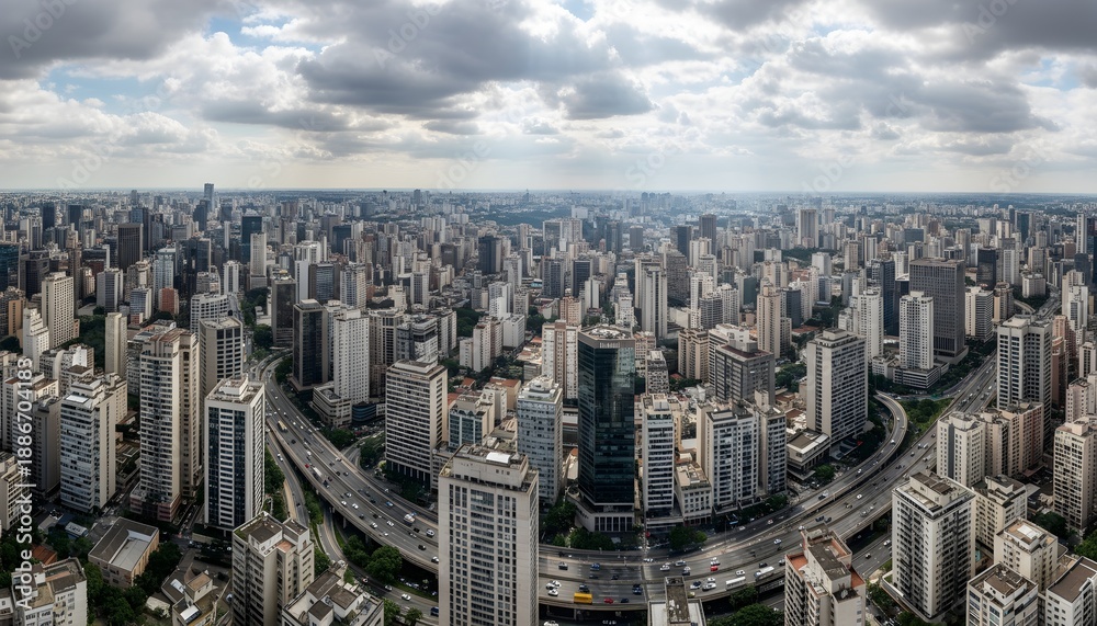 Fototapeta premium Expansive panoramic view of São Paulo skyline with dense modern skyscrapers under a dramatic cloudy sky, urban sprawl stretching far