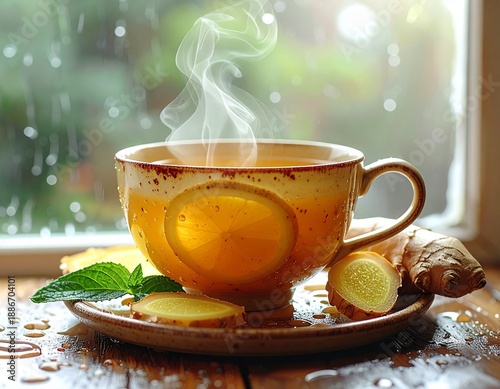 Hot ginger tea cup with steam and lemon slice on wooden table, rainy window background, cozy healthy lifestyle and immunity concept.