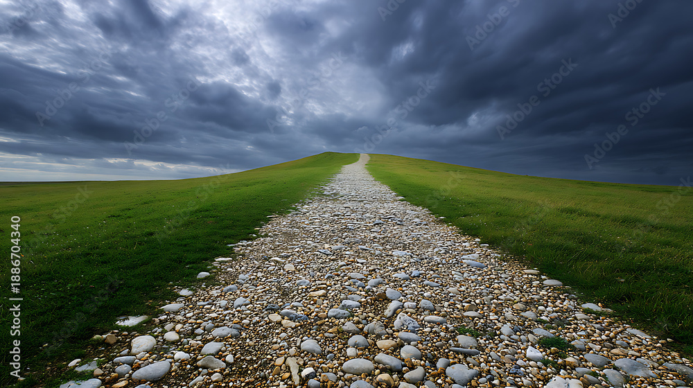 Fototapeta premium A dramatic cobblestone path ascends a steep, verdant hill under an ominous, tempestuous dark sky, symbolizing a challenging journey ahead.