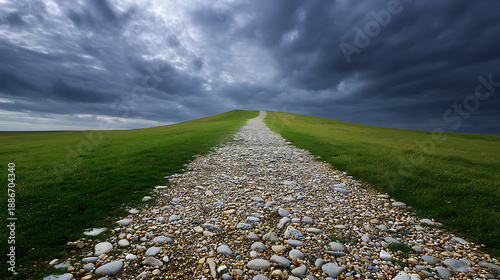 A dramatic cobblestone path ascends a steep, verdant hill under an ominous, tempestuous dark sky, symbolizing a challenging journey ahead.