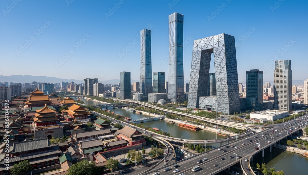 Fototapeta premium Striking modern CCTV Headquarters building with unique looped angular design, surrounded by sleek skyscrapers under clear blue sky in Beijing