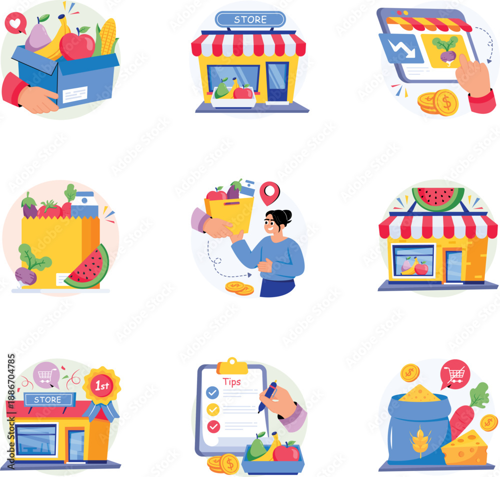 Fototapeta premium Grocery Concepts Style illustrations set 2