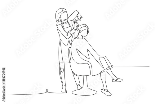 Woman is cutting hair. Salon concept one-line drawing