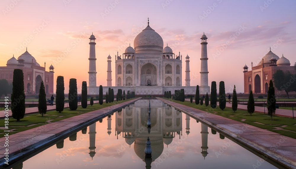 Obraz premium Majestic Taj Mahal at soft sunrise, white marble glowing pink-orange, perfectly reflected in long pool, symmetrical gardens and minarets