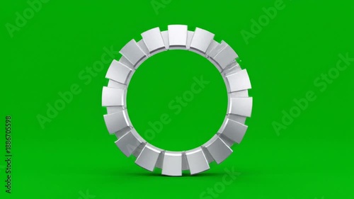 Abstract 3 d render of a silver gear ring on a vivid green backdrop