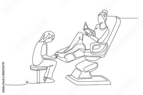 Woman having manicure and pedicure. Salon concept one-line drawing