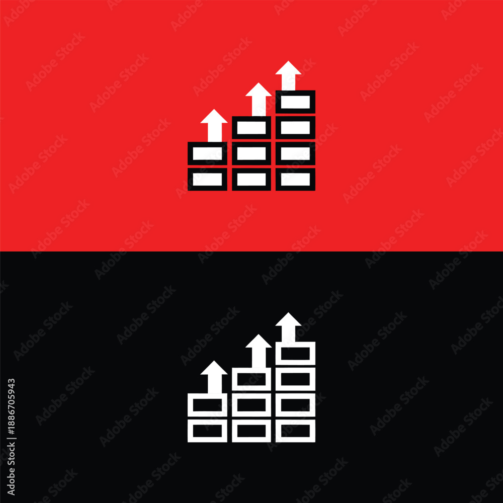 Obraz premium A vibrant red background highlights a minimalist icon depicting a stacked bar chart with ascending white arrows, symbolizing growth and positive financial trends.
