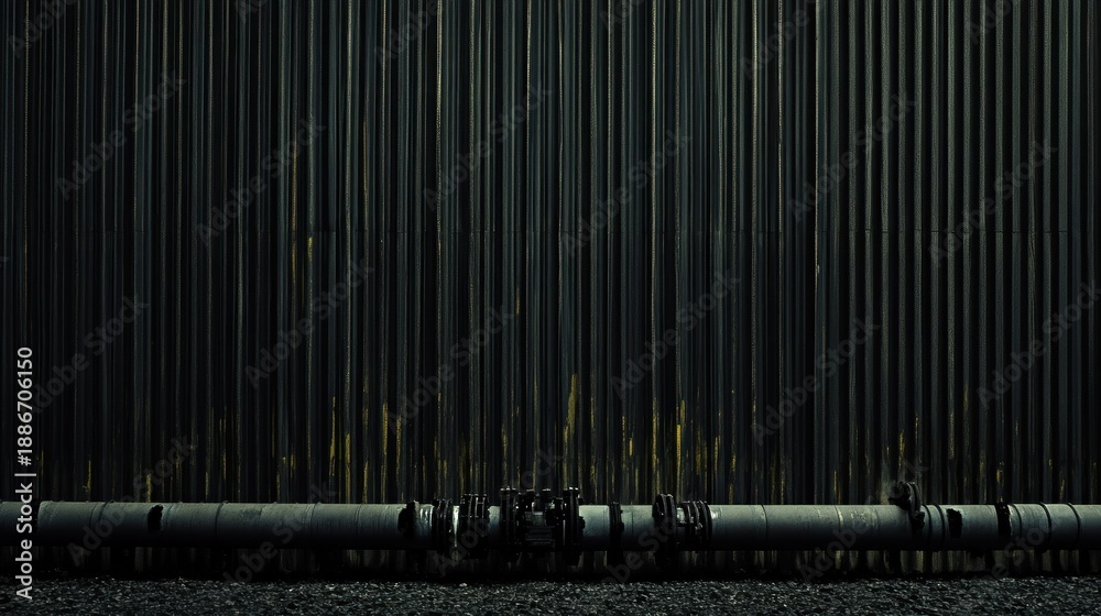 Fototapeta premium Industrial scene with pipes against a corrugated metal wall.