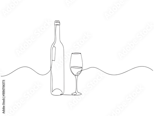 Elegant line art illustration of a wine bottle and glass on a minimalist white background