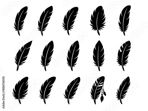 Feather icons. Set of black feather icons isolated. Feather silhouettes.
