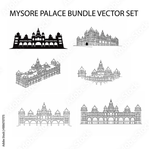 mysore palace bundle vector set Karnataka Line Art Illustration, Detailed Black and White Drawing of Famous Indian Royal Palace with Domes, Towers, Arches and Ornate Indo-Saracenic Archi