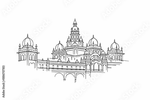 Mysore Palace Karnataka Line Art Illustration, Detailed Black and White Drawing of Famous Indian Royal Palace with Domes, Towers, Arches and Ornate Indo-Saracenic Architecture	