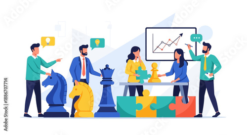 Business professionals collaborating on a strategy puzzle with a chess piece and graph display elements