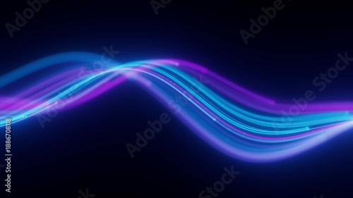 Abstract technology background with colorful light rays motion. Blue gradient wave texture with shiny stripes animation. Futuristic data flow concept. Seamless loop.