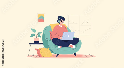 A woman sitting in a chair working on a laptop related to Business tasks and operations, modern office environment, vector illustration
