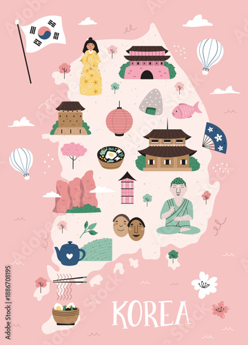 Cute Illustrated Map of South Korea with Landmarks and Cultural Symbols. Hand Drawn Poster