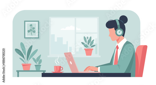 Business professional working remotely on laptop with headset in a serene office environment with plants, B (36).eps