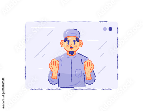 Illustration of a religious teacher giving an online lecture. A Muslim man teaches about religion through video. Speech, presentation, lecture, prayer. Character of a person. Flat style outline crayon