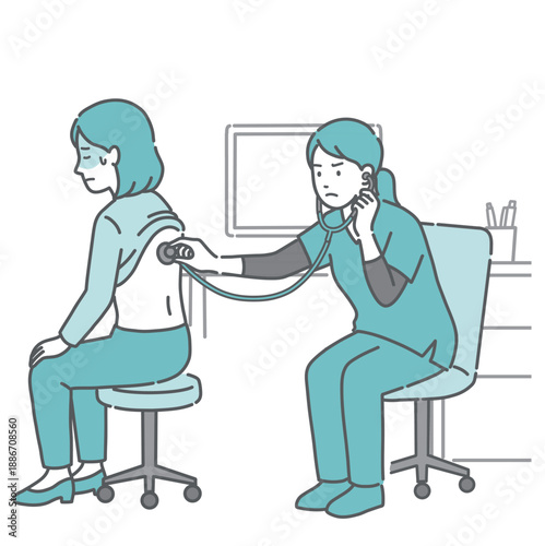 背中の聴診を受ける冷や汗をかいた女性と深刻な表情のスクラブ姿の女性医療従事者のイラスト