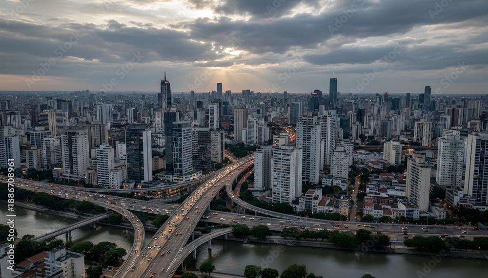 Obraz premium Aerial view of a bustling modern city with dense skyscrapers, elevated highways, and urban sprawl under a dramatic cloudy sky, capturing the essence of South American metropolis like São Paulo in dyna