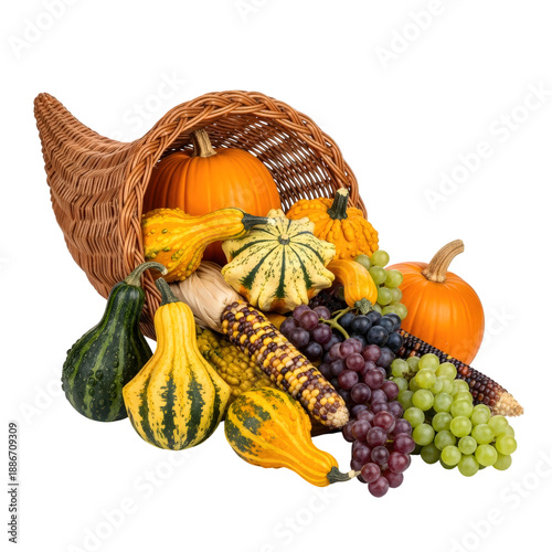 Autumn harvest cornucopia isolated on transparent background