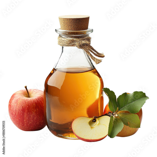 Glass bottle with apple cider and fresh apples on table on transparent background