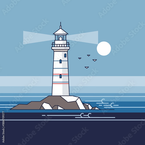 Lighthouse on rocky shore with sun and waves