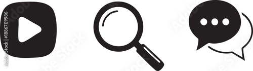 Play Button Magnifying Glass and Chat Bubble Icons