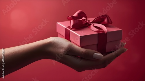 Woman's open hand offers small red present box with ribbon on red.