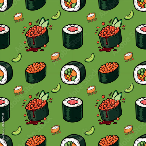Japanese food pattern background, sushi sashimi ramen cute icon seamless pattern. Sushi roll japan street fast food with seafood and rice salmon and cheese vector